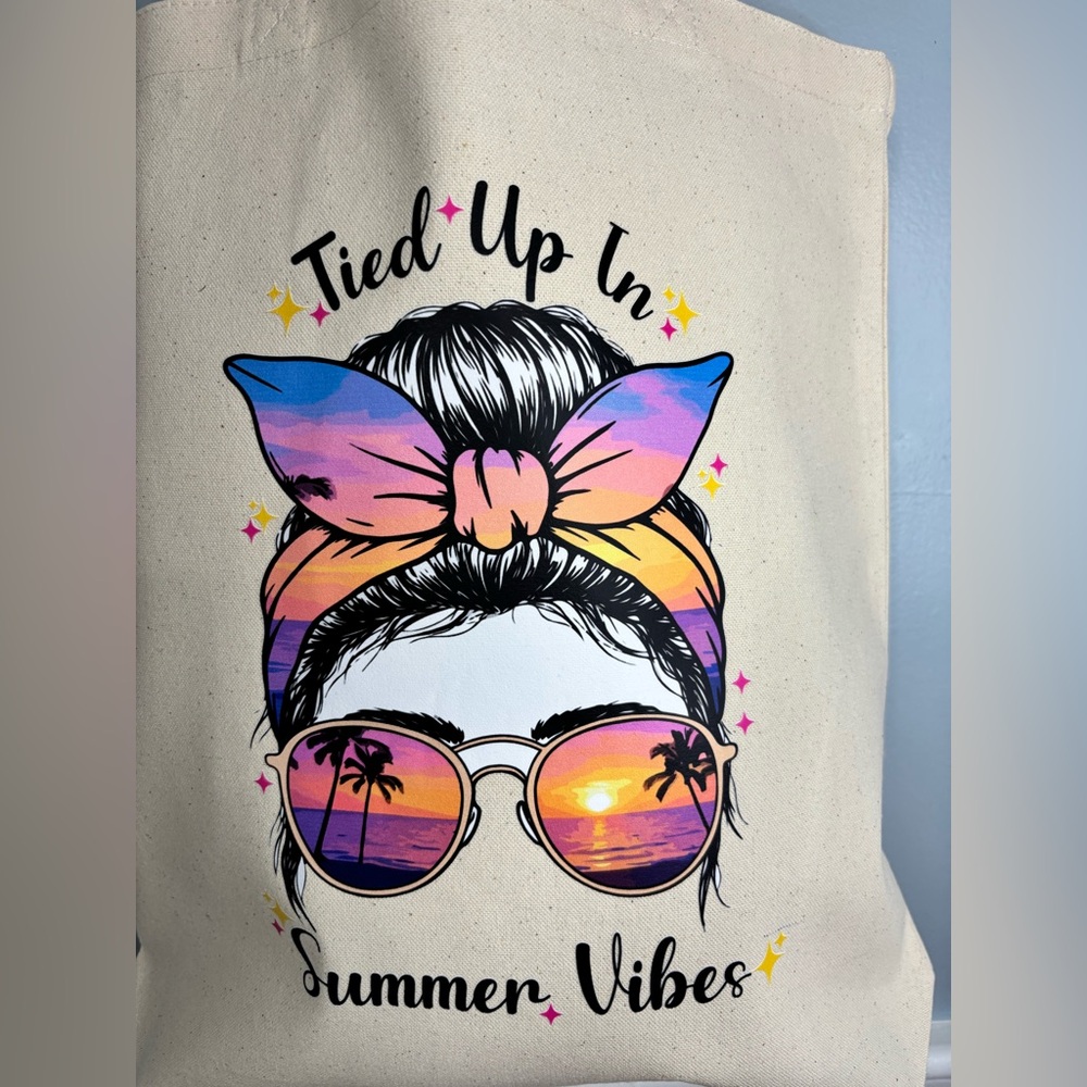 Canvas Tote Bag with Colorful Summer Vibes Print Cream Made Boho Summer Handmade - Picture 5 of 8